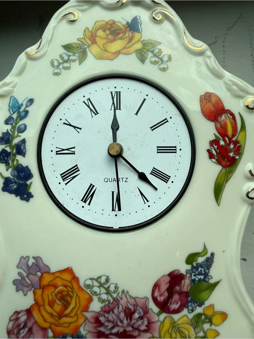 Floral Ceramic Mantel Clock - White with Multicolor Flower Accents